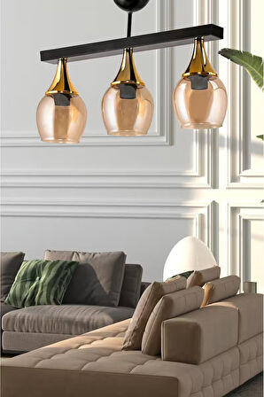 ÜÇLÜ UFO SARKIT AVİZE SİYAH BAL RENGİ CAMLI GOLD HUNİ