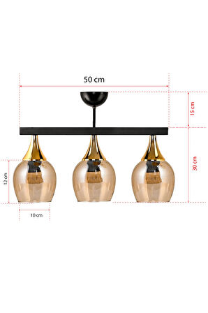 ÜÇLÜ UFO SARKIT AVİZE SİYAH BAL RENGİ CAMLI GOLD HUNİ