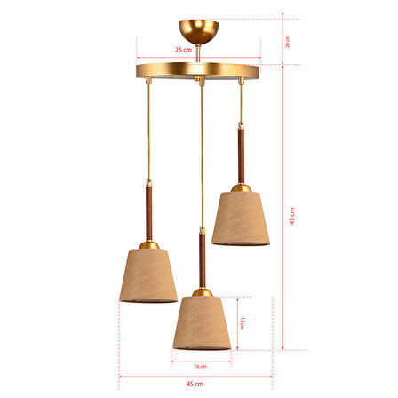 DEDE ÜÇLÜ TEPSİLİ SARKIT AVİZE CEVİZ GOLD ABAJUR ŞAPKALI