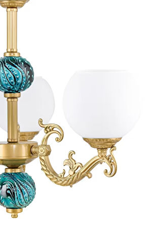 Üç Kollu Zamak Avize Beyaz Camlı Yeşil Çinili