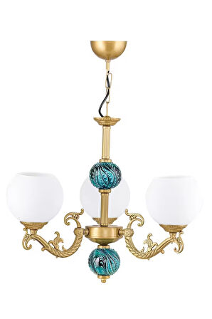 Üç Kollu Zamak Avize Beyaz Camlı Yeşil Çinili