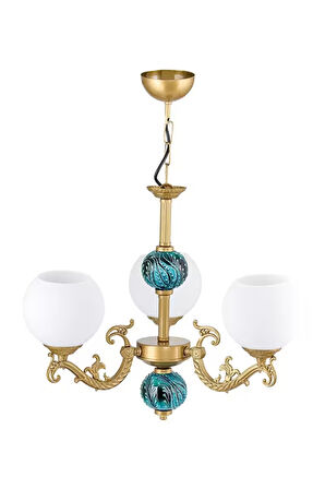 Üç Kollu Zamak Avize Beyaz Camlı Yeşil Çinili