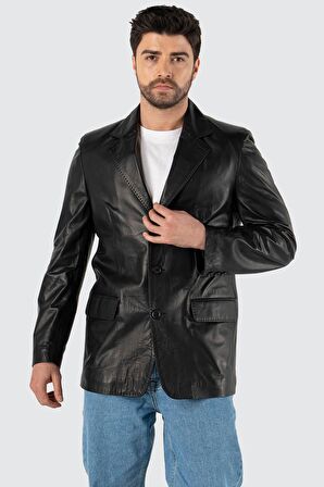 Siyah Punto Dikişli Hakiki Deri Blazer Ceket