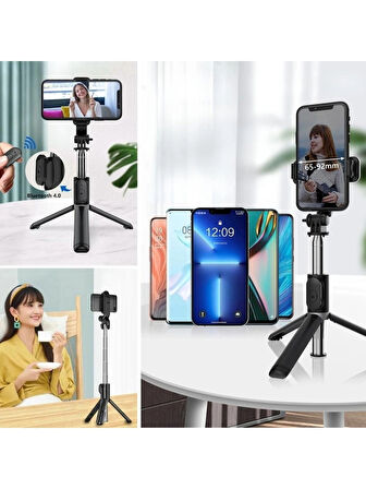 ELSER TİCARET Masaüstü Tripod Olabilen Telefon Tutuculu Kablosuz Kumandalı Selfie Çubuğu