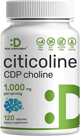 DEAL SUPPLEMENT Cognizin Citicoline(Sitikolin) CDP Choline 1000mg 120 Caps Extra Strength Nootropic B Vitamin Properties Promotes Brain Health Memory  Focus Non-GMO