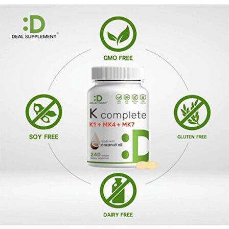 DEAL SUPPLEMENT Vitamin K 1 - K2 Complete MK-7 and MK-4 Bone Joint Immune Support 240 Coconut Oil Softgels