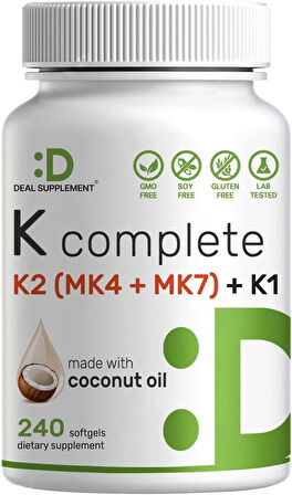 DEAL SUPPLEMENT Vitamin K 1 - K2 Complete MK-7 and MK-4 Bone Joint Immune Support 240 Coconut Oil Softgels