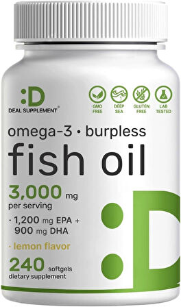 DEAL SUPPLEMENT Omega 3 Fish Oil EPA DHA Brain & Heart Support 3,000mg 240 Softgels