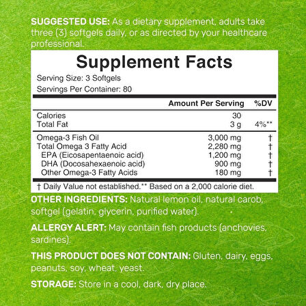 DEAL SUPPLEMENT Omega 3 Fish Oil EPA DHA Brain & Heart Support 3,000mg 240 Softgels