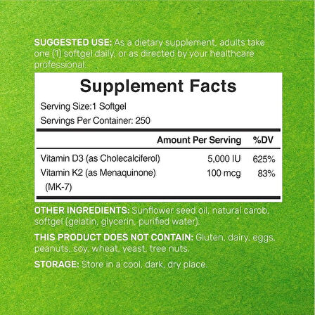 Deal Supplement Vitamin D3 K2 5000IU Softgel 250 Count