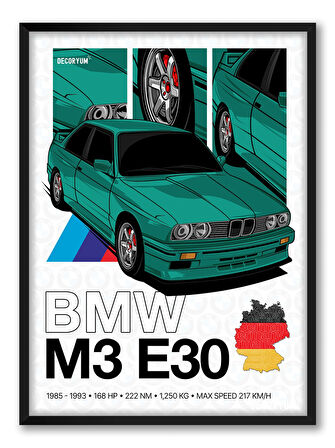 BMW Series E30 Çerçeveli Poster Tablo 50x70cm Siyah
