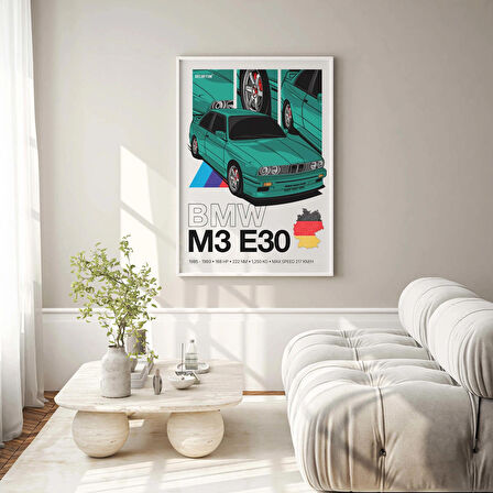 BMW Series E30 Çerçeveli Poster Tablo 50x70cm Beyaz