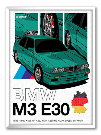 BMW Series E30 Çerçeveli Poster Tablo 50x70cm Beyaz