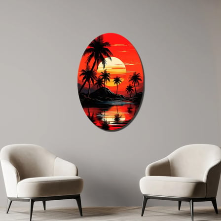 Turuncu Gün Batımı Renkli Metal Tablo – Elips Kesim Palmiyeli Duvar Dekoru 35x50 cm