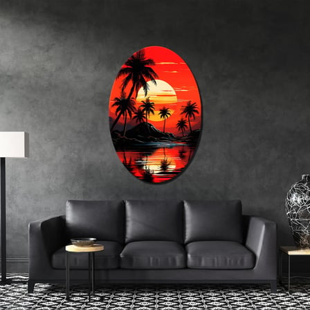 Turuncu Gün Batımı Renkli Metal Tablo – Elips Kesim Palmiyeli Duvar Dekoru 35x50 cm