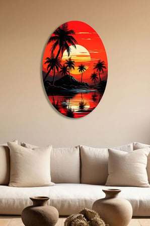 Turuncu Gün Batımı Renkli Metal Tablo – Elips Kesim Palmiyeli Duvar Dekoru 35x50 cm