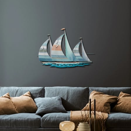 Minimalist Yelkenli Metal Tablo – Deniz ve Dalga Temalı Renkli Duvar Dekoru 90x60 cm