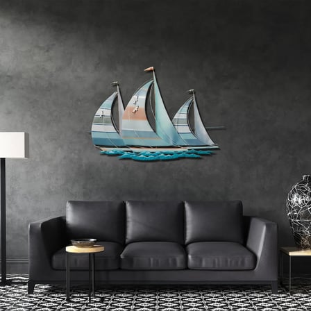 Minimalist Yelkenli Metal Tablo – Deniz ve Dalga Temalı Renkli Duvar Dekoru 90x60 cm