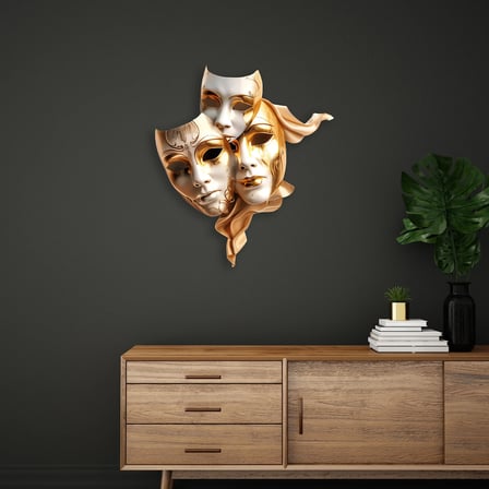 Altın Tiyatro Maskeleri Metal Tablo 84x95 cm