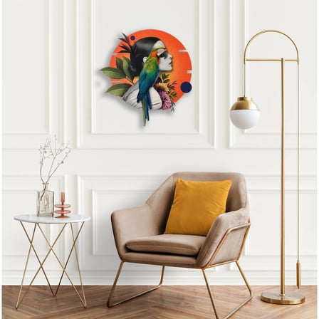 Papağanlı Kadın (Kolaj) Metal Tablo 60x60 cm