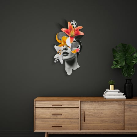 Zambaklı Kadın (Kolaj) Metal Tablo 36x65 cm