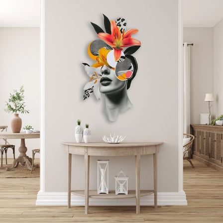 Zambaklı Kadın (Kolaj) Metal Tablo 53x95 cm