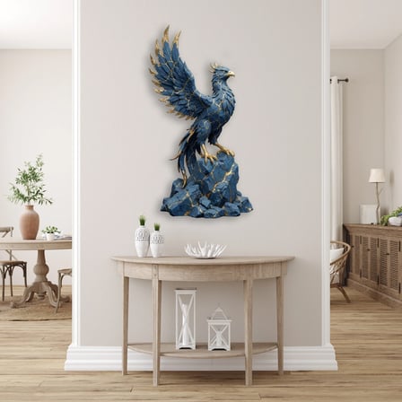 Anka Kuşu Heykeli (Mavi-Altın) Metal Tablo 35x65 cm