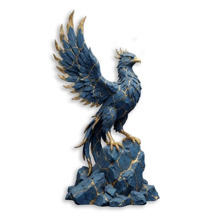 Anka Kuşu Heykeli (Mavi-Altın) Metal Tablo 35x65 cm