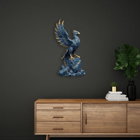 Anka Kuşu Heykeli (Mavi-Altın) Metal Tablo 51x95 cm