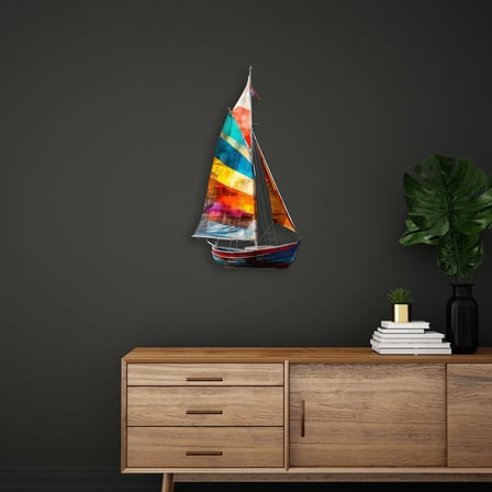 Renkli Yelkenli Tekne Metal Tablo 52x95 cm