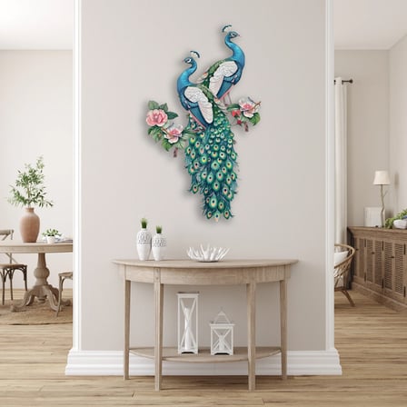 Tavuskuşu Çifti & Çiçek Metal Tablo 56x95 cm