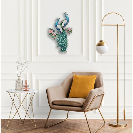 Tavuskuşu Çifti & Çiçek Metal Tablo 56x95 cm