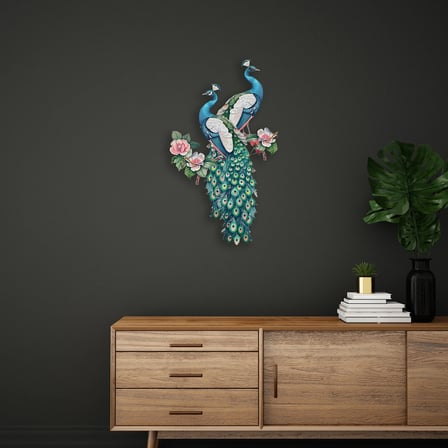 Tavuskuşu Çifti & Çiçek Metal Tablo 56x95 cm