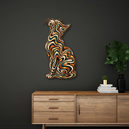 Altın Şeritli Zarif Kedi Metal Tablo 36x65 cm
