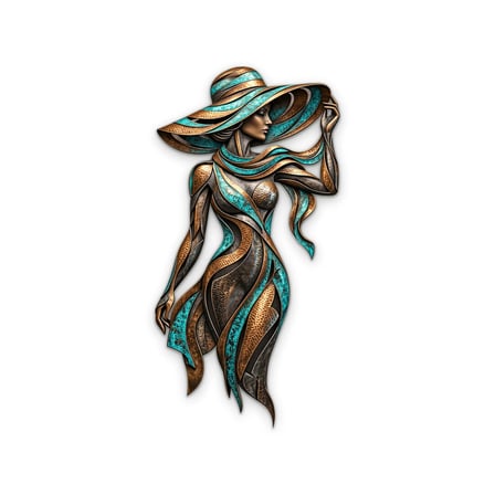 Şapkalı Bronz Kadın Metal Tablo 33x65 cm