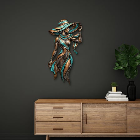 Şapkalı Bronz Kadın Metal Tablo 33x65 cm