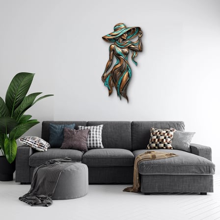 Şapkalı Bronz Kadın Metal Tablo 49x95 cm