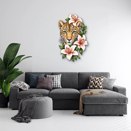 Çiçekli Leopar Metal Tablo 50x80 cm
