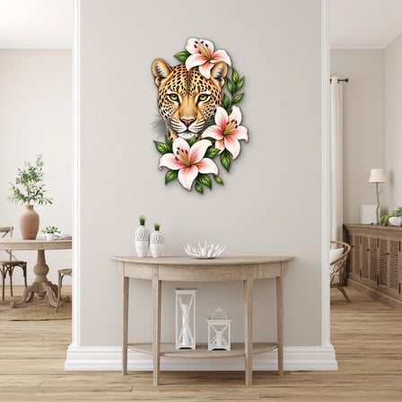 Çiçekli Leopar Metal Tablo 59x95 cm