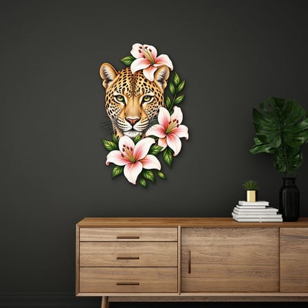 Çiçekli Leopar Metal Tablo 59x95 cm