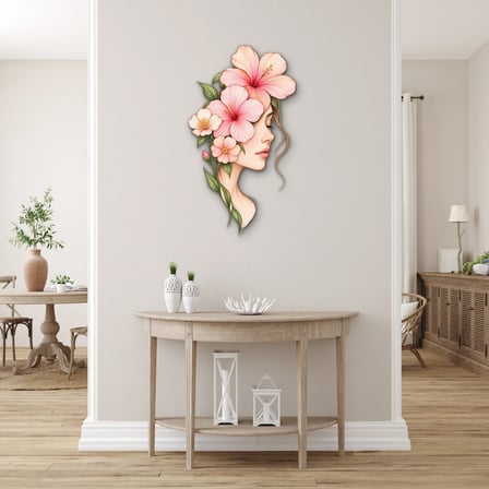 Çiçekli Kadın Profili Metal Tablo 37x65 cm