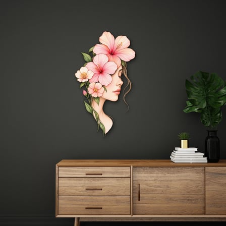 Çiçekli Kadın Profili Metal Tablo 54x95 cm