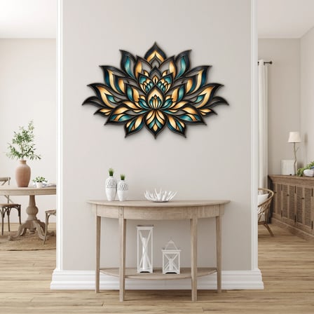 Turkuaz Altın Lotus Mandala Metal Tablo 60x40 cm