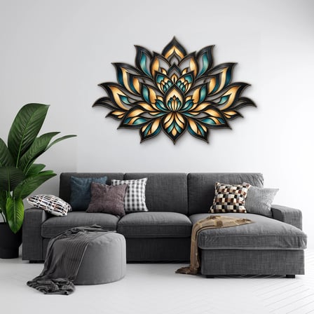 Turkuaz Altın Lotus Mandala Metal Tablo 60x40 cm