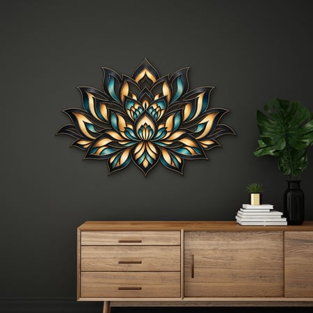 Turkuaz Altın Lotus Mandala Metal Tablo 60x40 cm