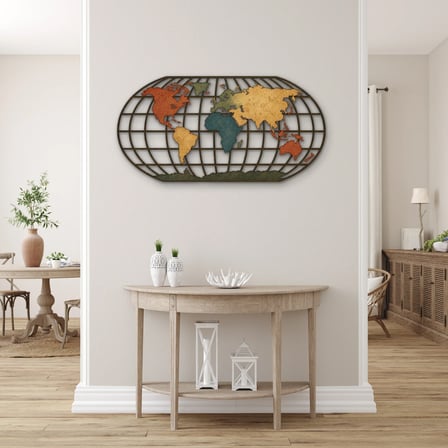 Vintage Dünya Haritası Küre Metal Tablo 95x48 cm