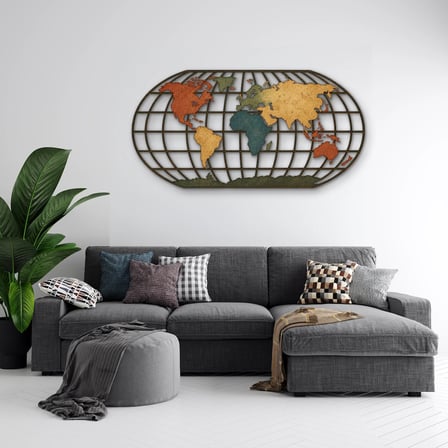 Vintage Dünya Haritası Küre Metal Tablo 95x48 cm