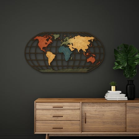 Vintage Dünya Haritası Küre Metal Tablo 95x48 cm