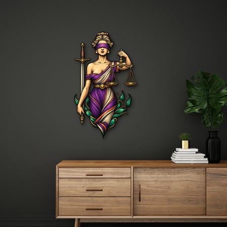 Mor ve Altın Adalet Tanrıçası Metal Tablo 56x95 cm