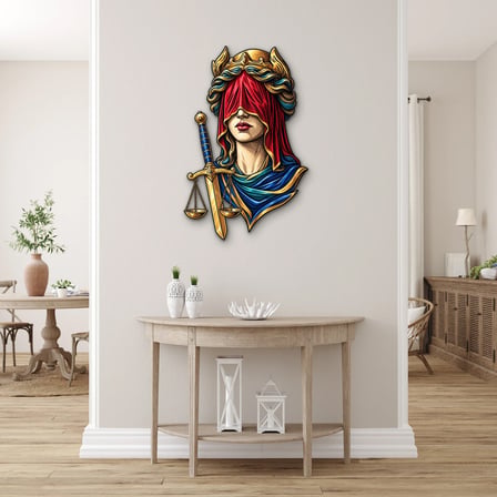Mavi Pelerinli Adalet Tanrıçası Metal Tablo 61x95 cm